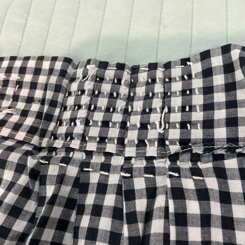 Vintage Handmade Black White Gingham Half Apron Embroidered Pocket 70” Tie